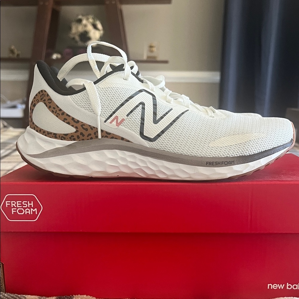 New Balance White and Leopard Print Sneakers